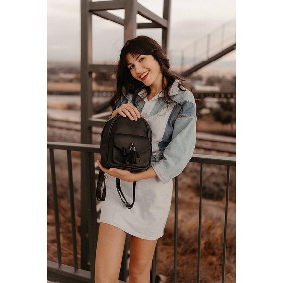 Women Black Leather Cute Bowknot Small Backpack Purse main image 8